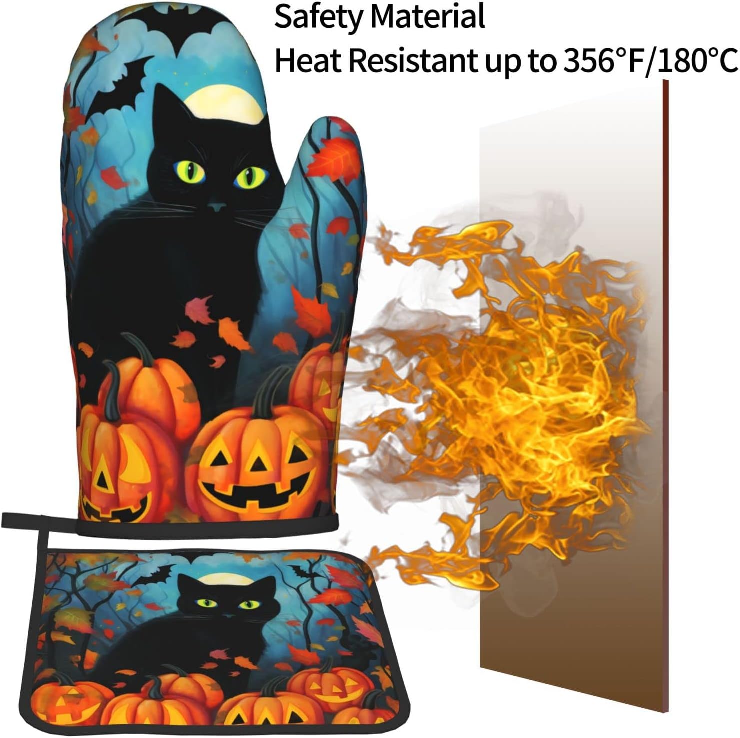 Dewoofly Black Cat Halloween Oven Mitts and Pot Holders Set