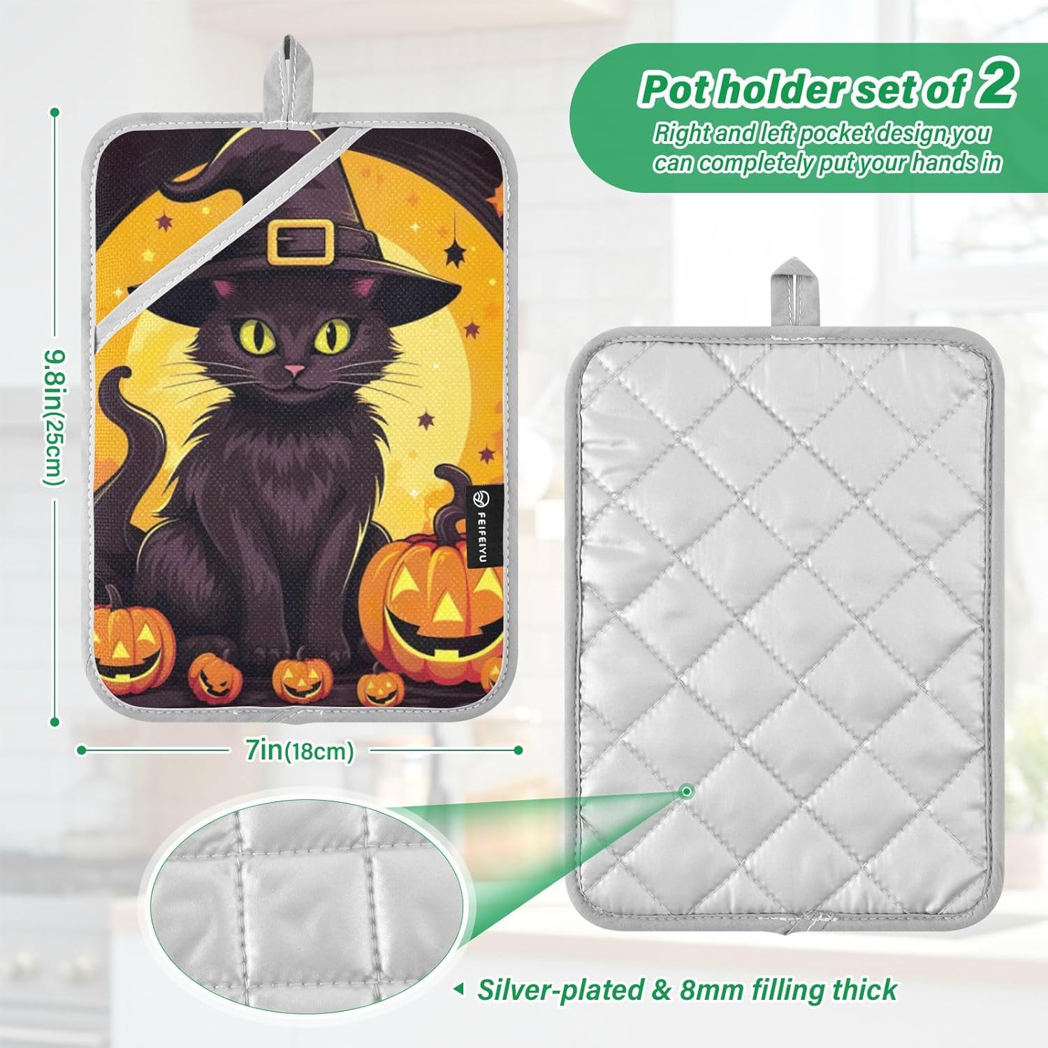 Festive Halloween Black Cat Potholders Set - Heat-Resistant Unique Design