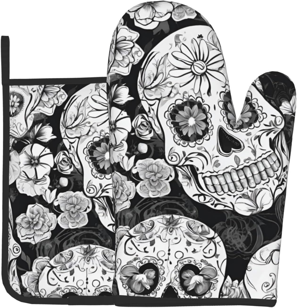 Floral Skull Oven Mitts Set Heat-Resistant Kitchen Potholders