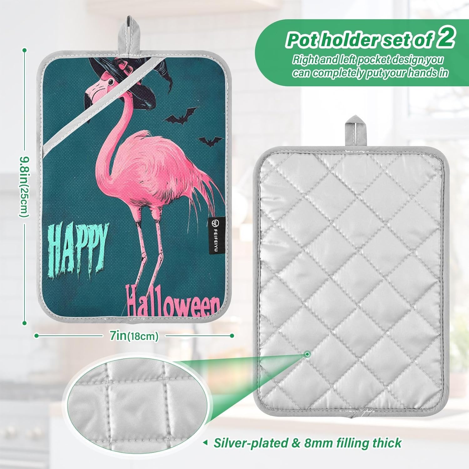 Halloween Flamingo Green Pot Holders