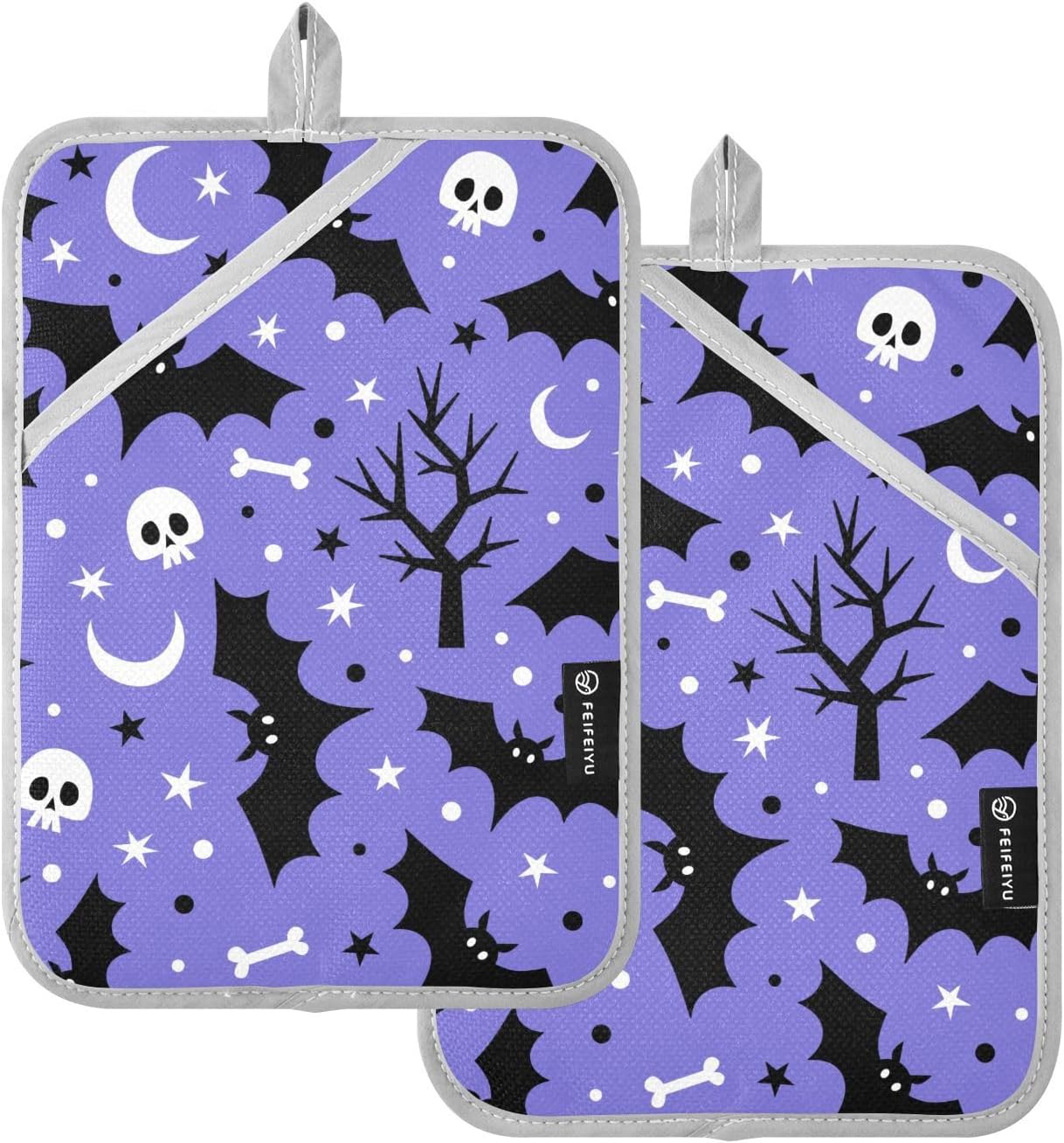 Black Bat White Skull Halloween Oven Mitts