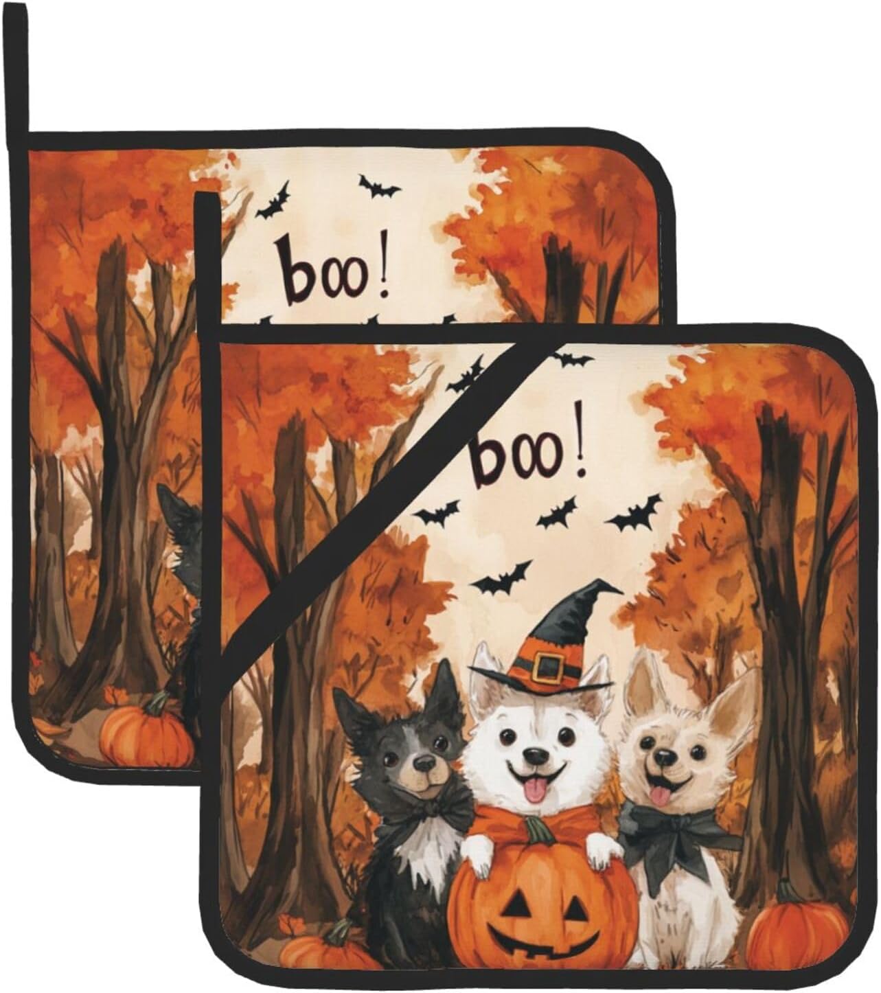 2-Piece Halloween Ghost Dog Pot Holder Mat Heat-Resistant Fun