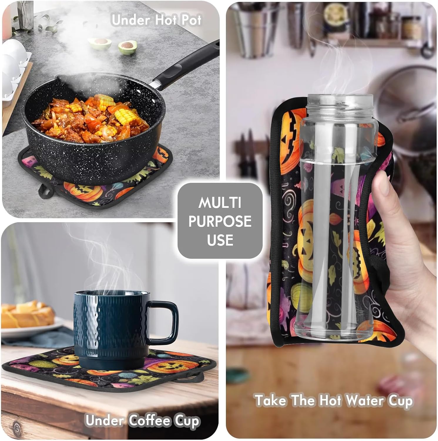 Halloween pumpkin leaves oven mitts and pot holders set