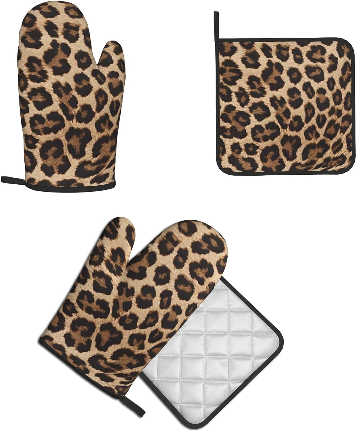 Leopard Pattern Oven Mitts Pot Holders Heat-Resistant Durable