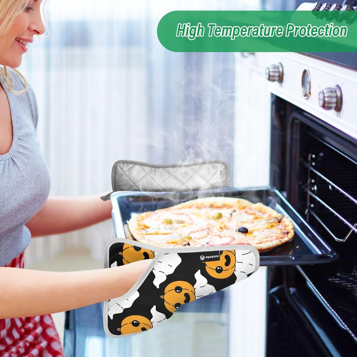 Halloween Ghost Pumpkin Potholders Set Oven-Resistant Mitts for Baking