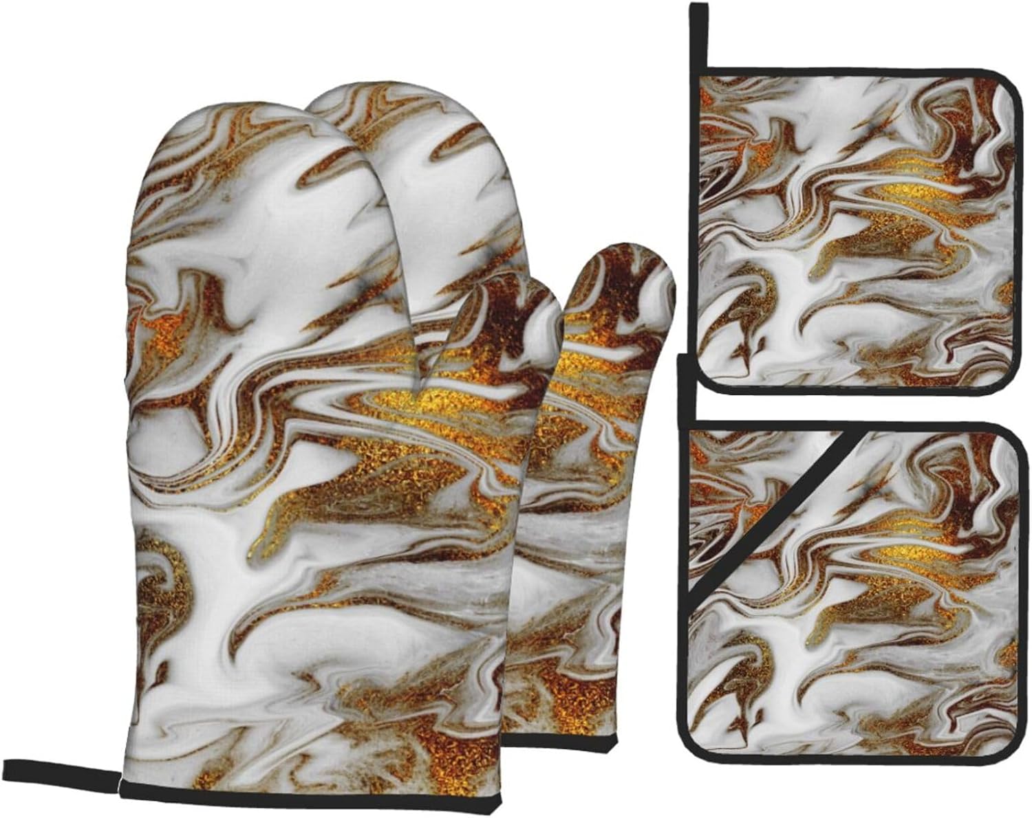 4 Pieces Gold and White Marble Oven Mitts Set with Hanging Loop