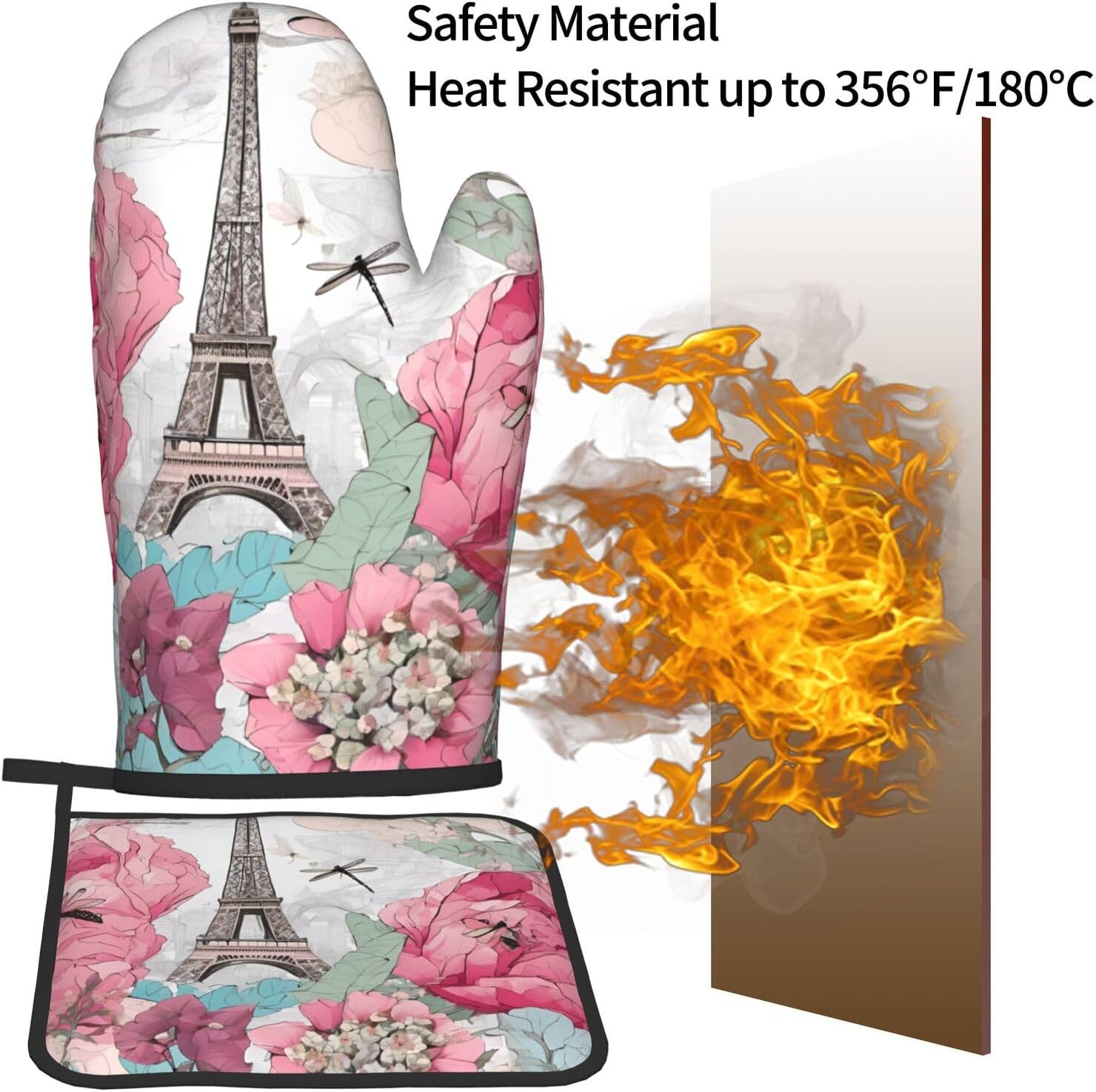 Retro Dragonfly French Tower Printed Oven Mitts and Pot Holders Set of 2