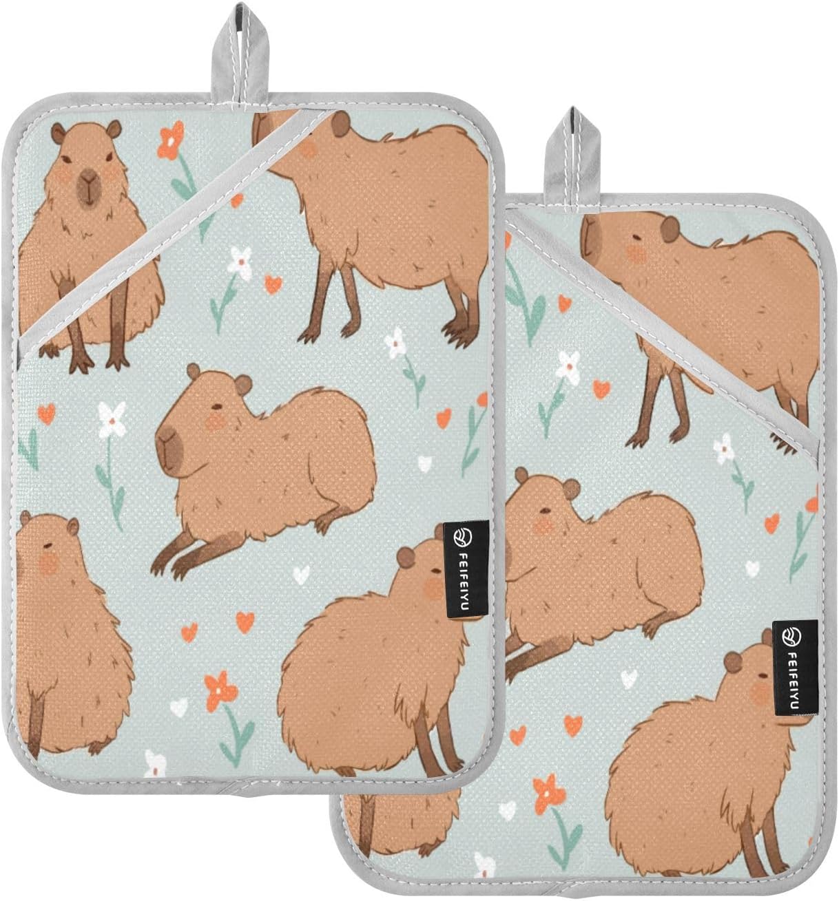 Kcldeci 2-Pack Cute Capybara Pot Holders with Flower Design