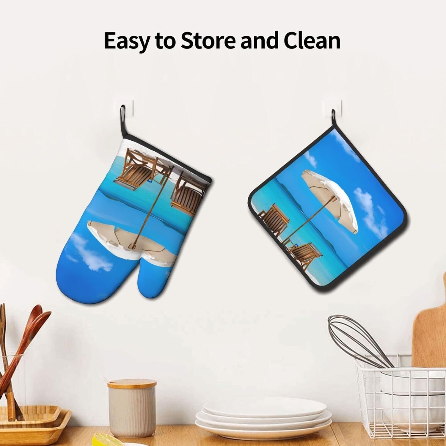 White Beach tropical ocean printed oven mitts and pot holders 2pc set