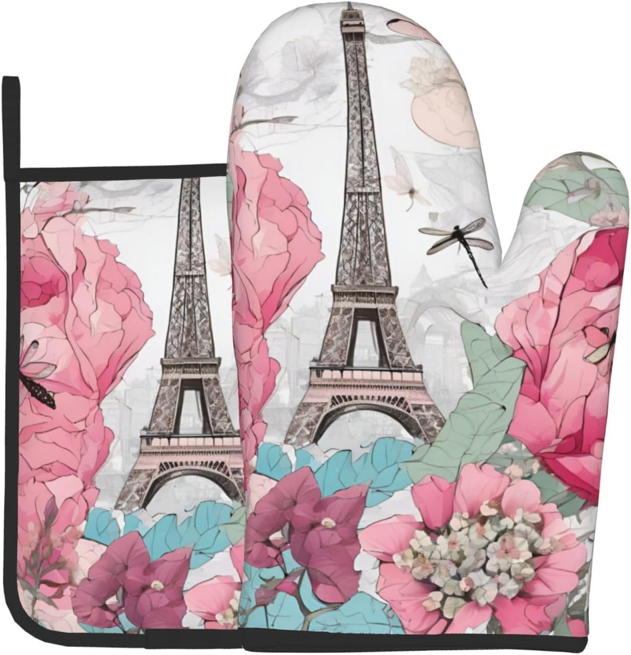 Retro Dragonfly French Tower Printed Oven Mitts and Pot Holders Set of 2