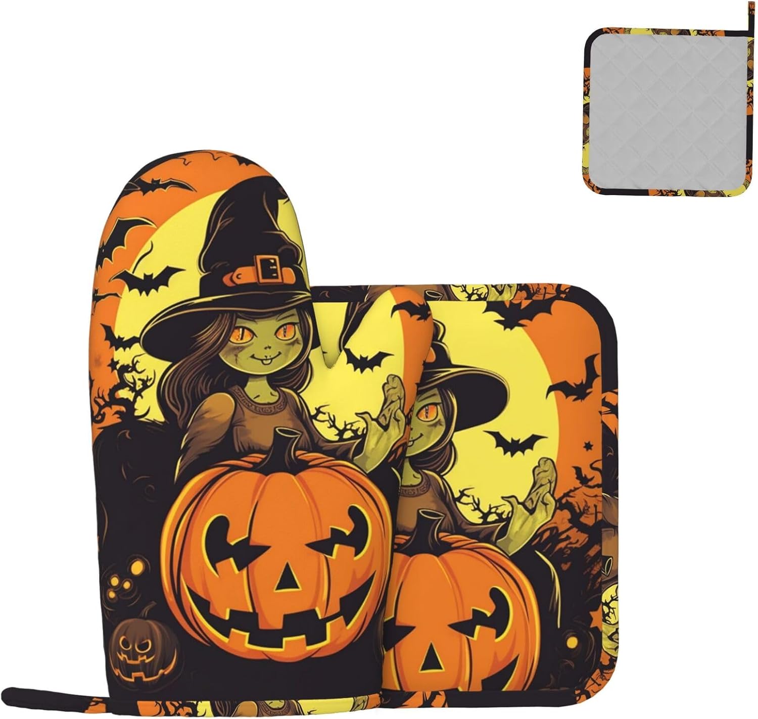 2 pcs Halloween Pumpkin Witch Oven Mitts Set