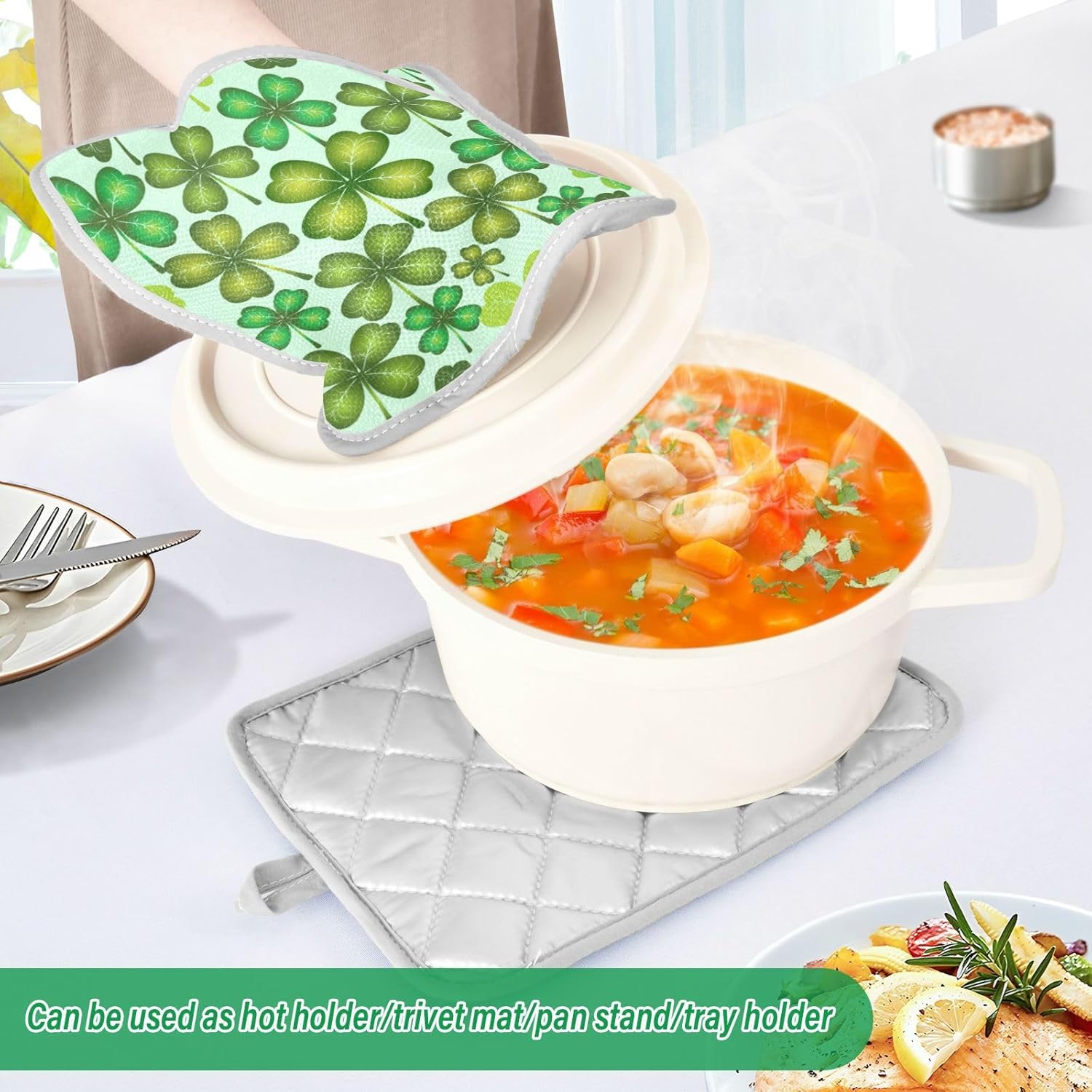 KCldeci Four Leaf Clover Heat-Resistant Oven Mitts for Baking and Cooking