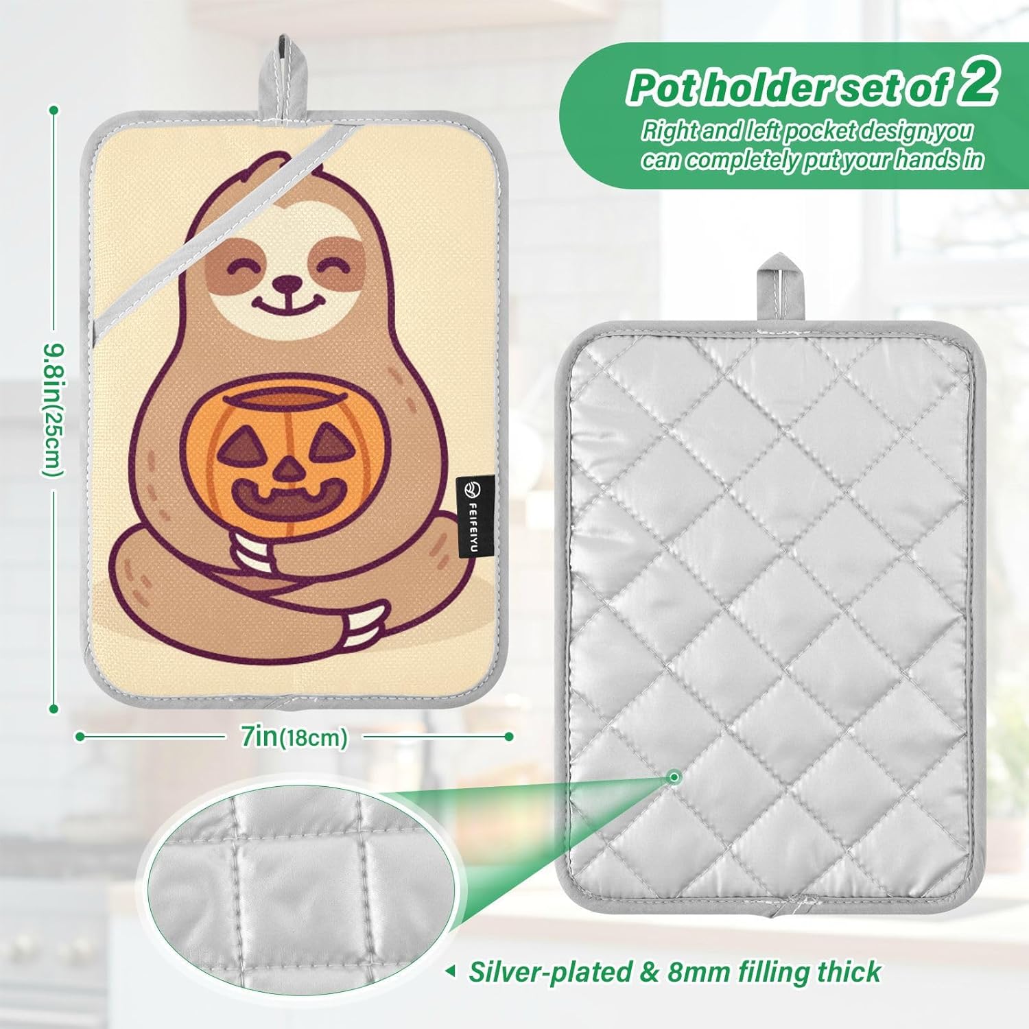 OURVII 2Pcs Halloween Sloth Pot Holder Set