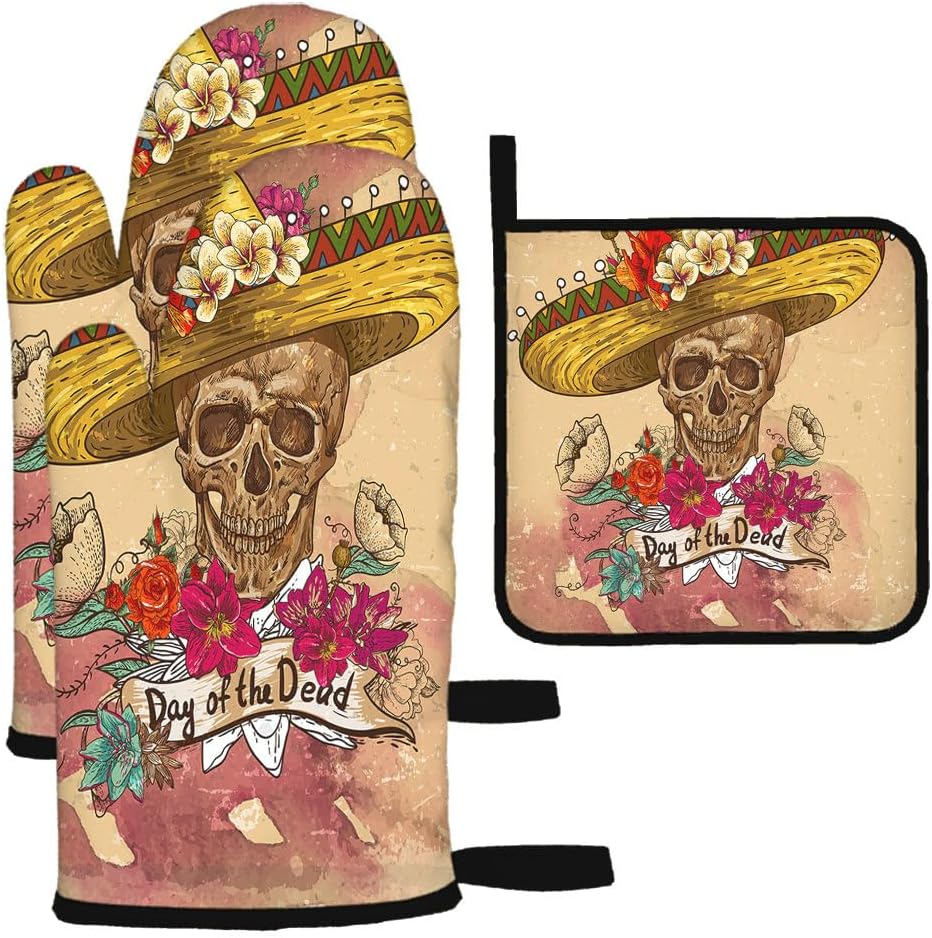 SSOIU Day of the Dead Halloween Oven Mitts Pot Holders Set