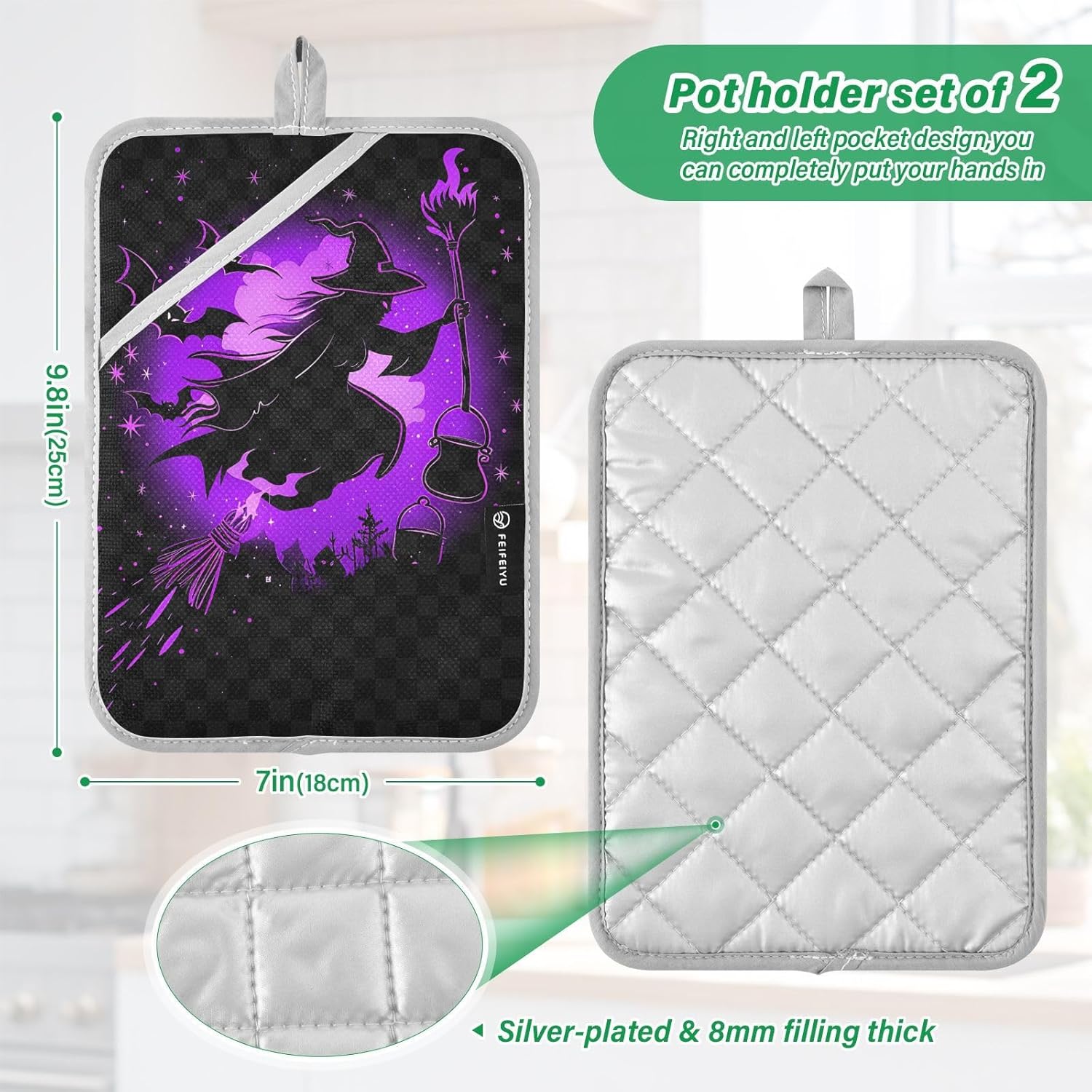 Halloween Purple Witch Bat Potholders 2 Piece Set