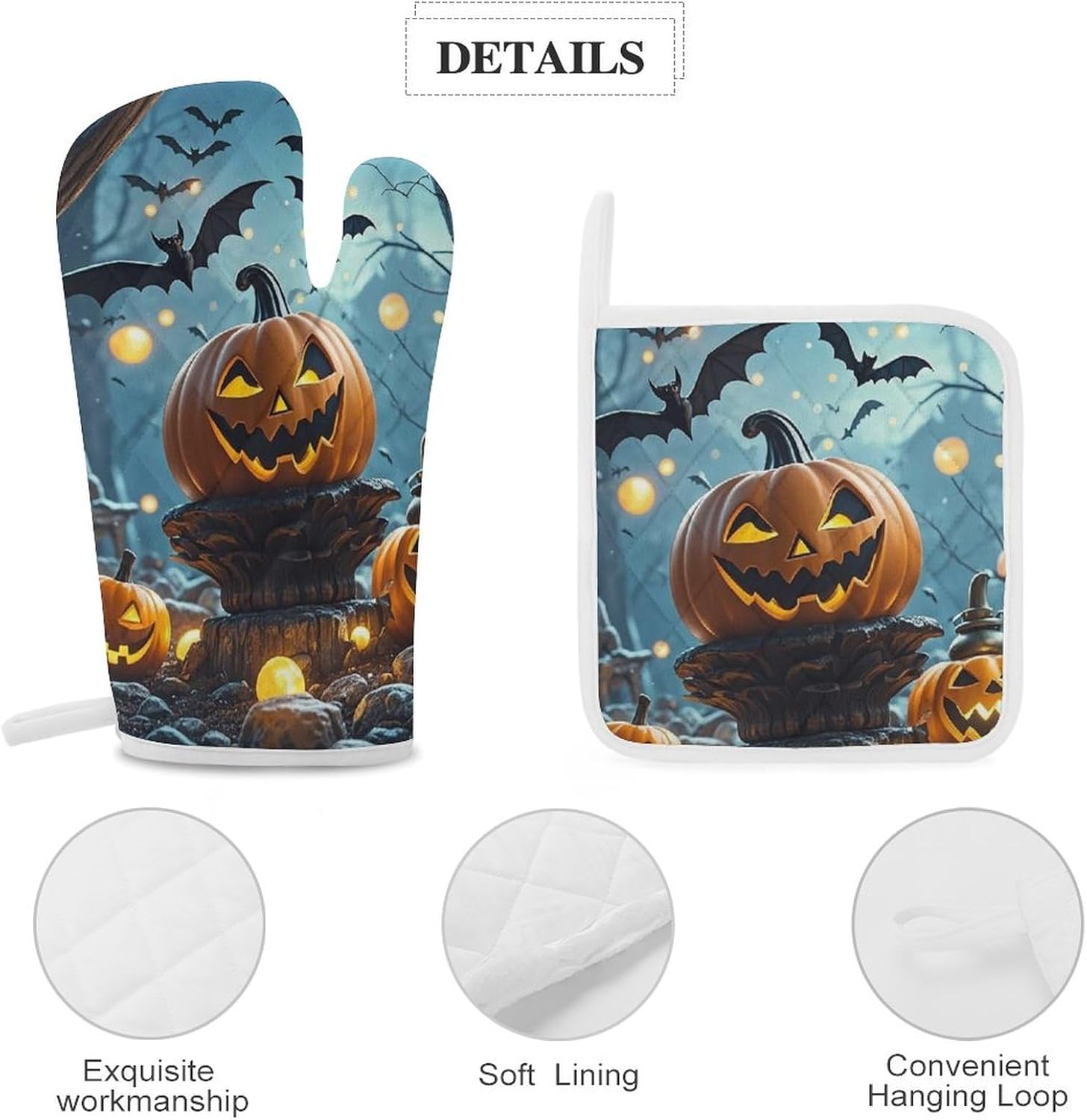 Halloween Oven Mitts Pot Holders - 3-Piece Set withFlying Bats Design