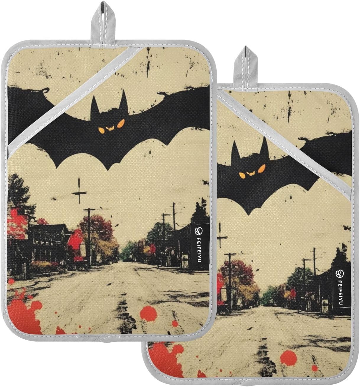 AIXIWAWA Halloween Bat Retro Pot Holders 2-Pack Heat-Resistant Insulated Oven Mitts