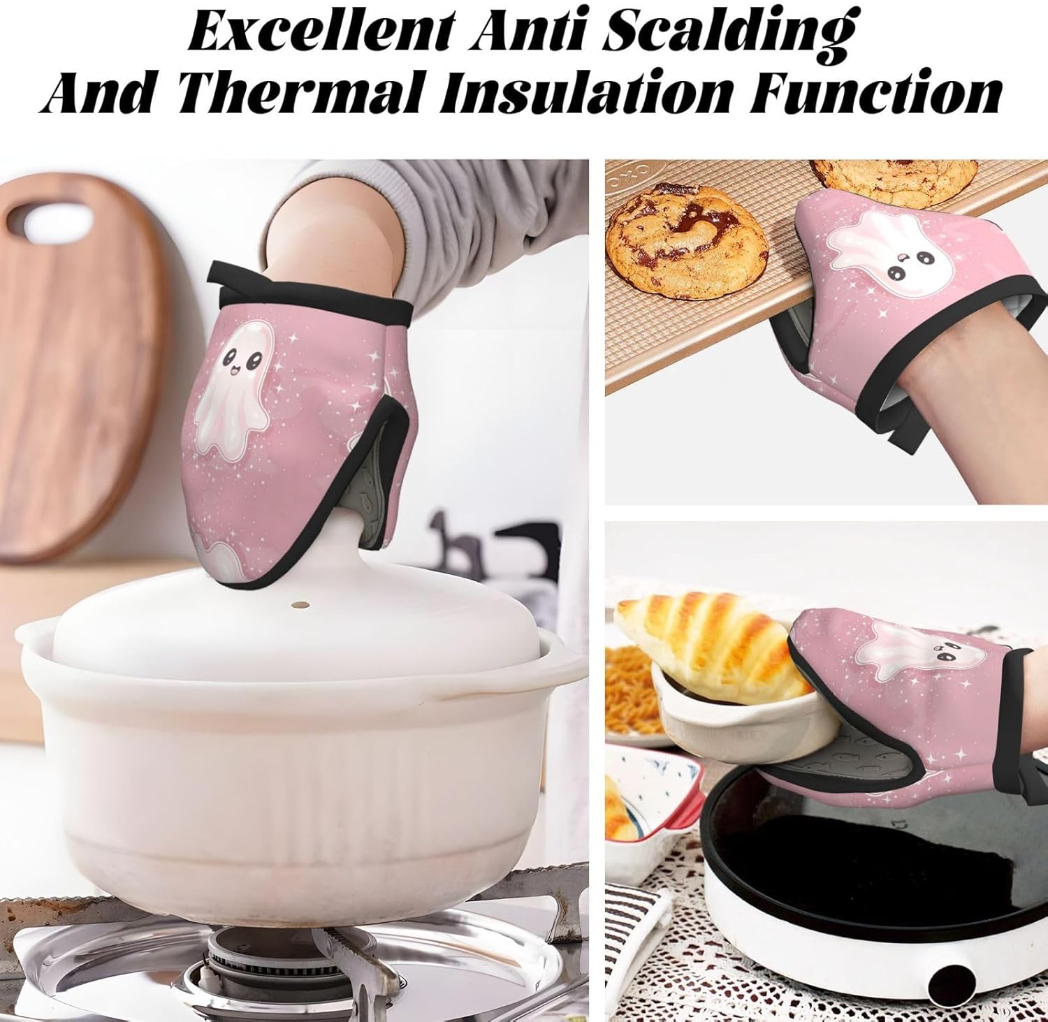 Mini Silicone Oven Mitts Heat-Resistant Cooking Gloves Cute Pink Halloween Ghosts