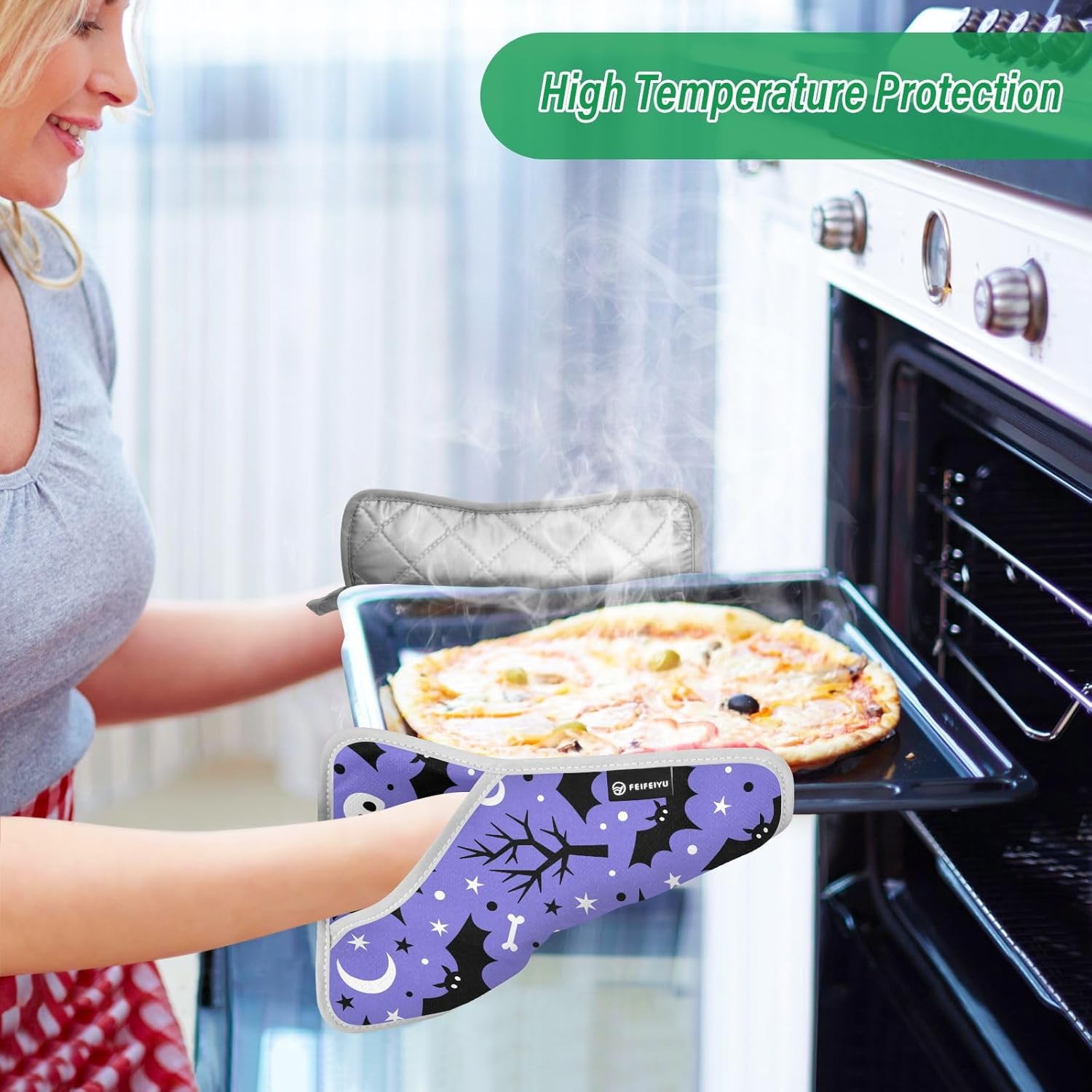 Black Bat White Skull Halloween Oven Mitts