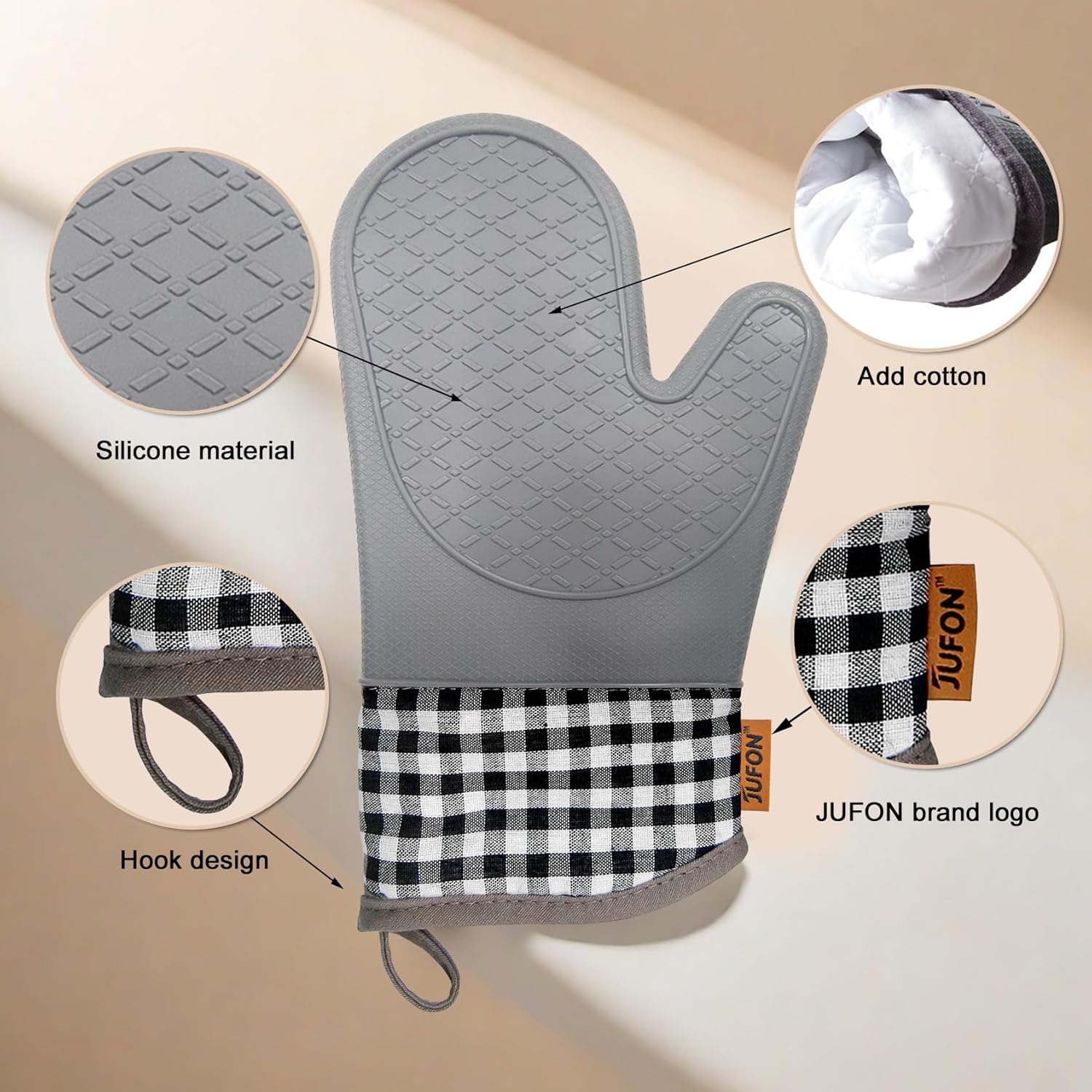 JUFON Oven Mitts Silicone Heat Resistant Kitchen Gloves
