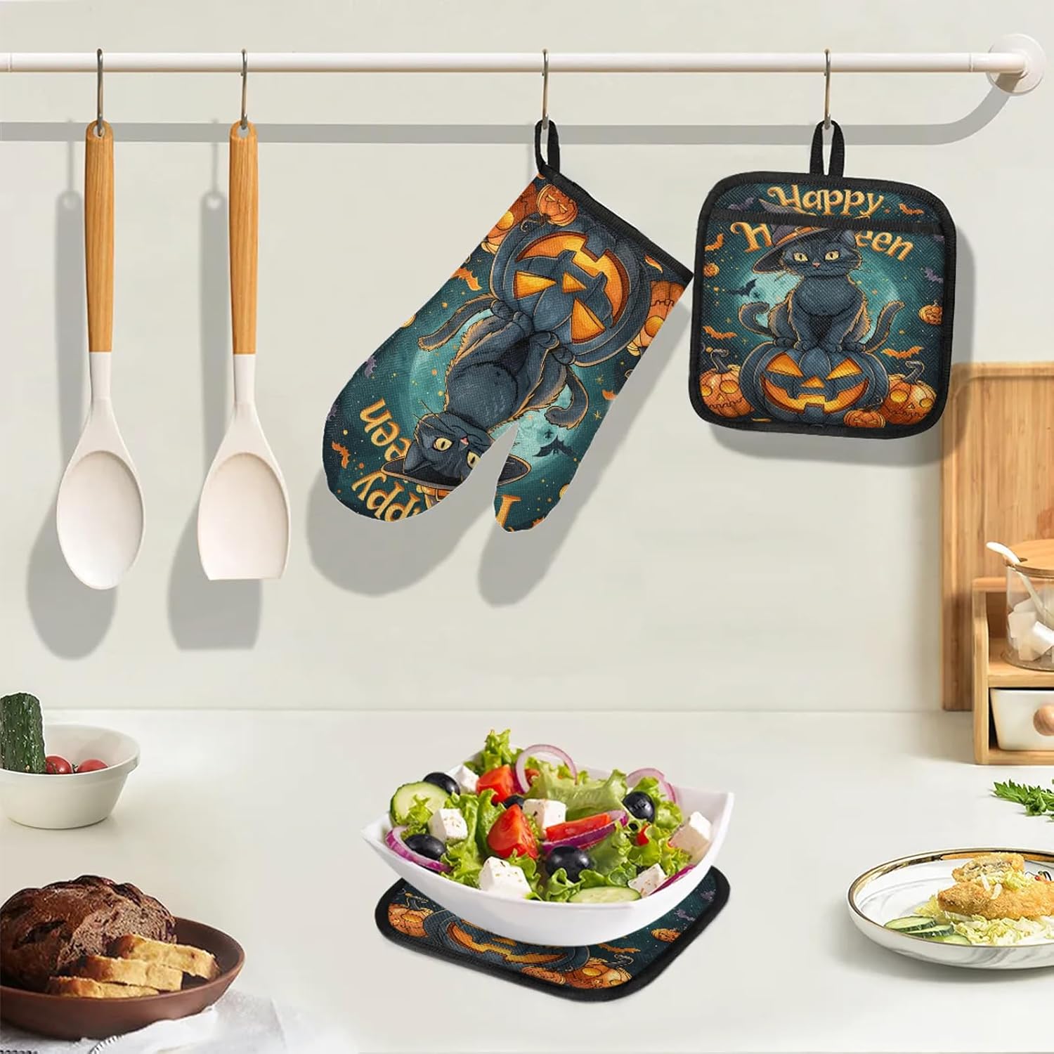 TropicalLife Halloween Black Cat Orange Pumpkin Oven Mitts Pot Holders Set