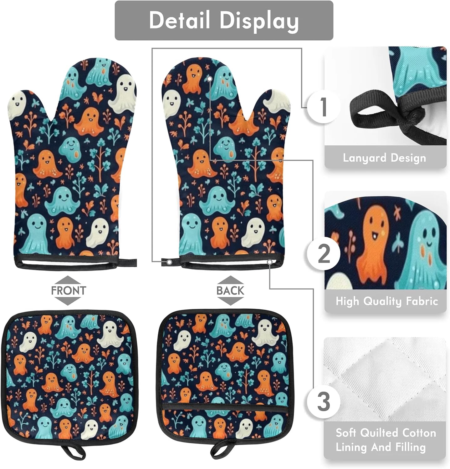 Cute Halloween Ghost Oven Mitts and Pot Holders Set of 2