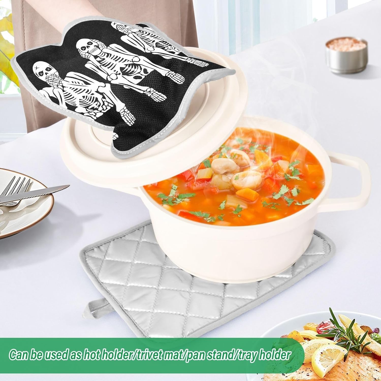 OurVii Funny Skeleton Kitchen Potholders - Halloween Heat Resistant Non-Slip 2-Pack
