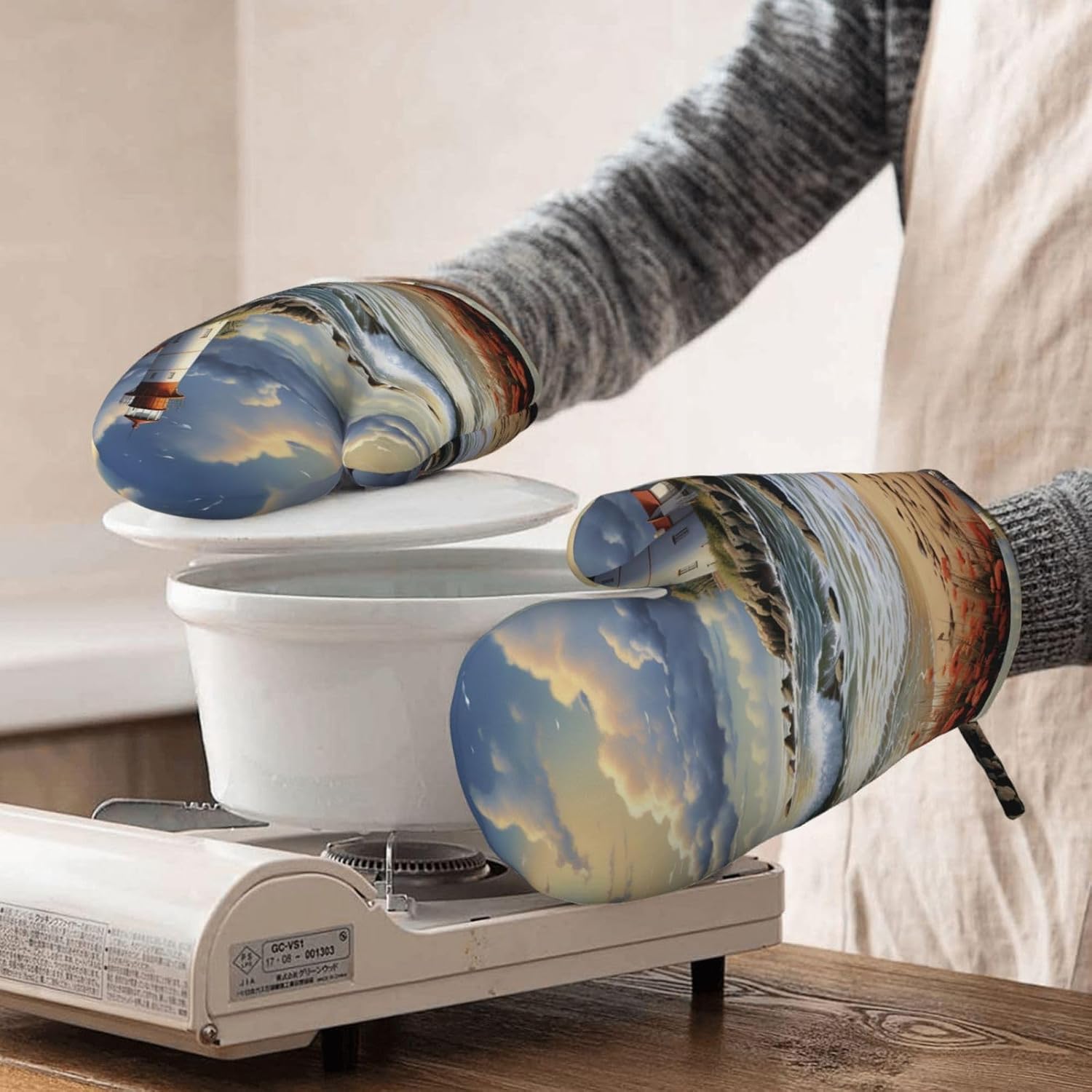 NONHAI Silicone Oven Mitts Set of 2 Sea Lighthouse Sandbeach
