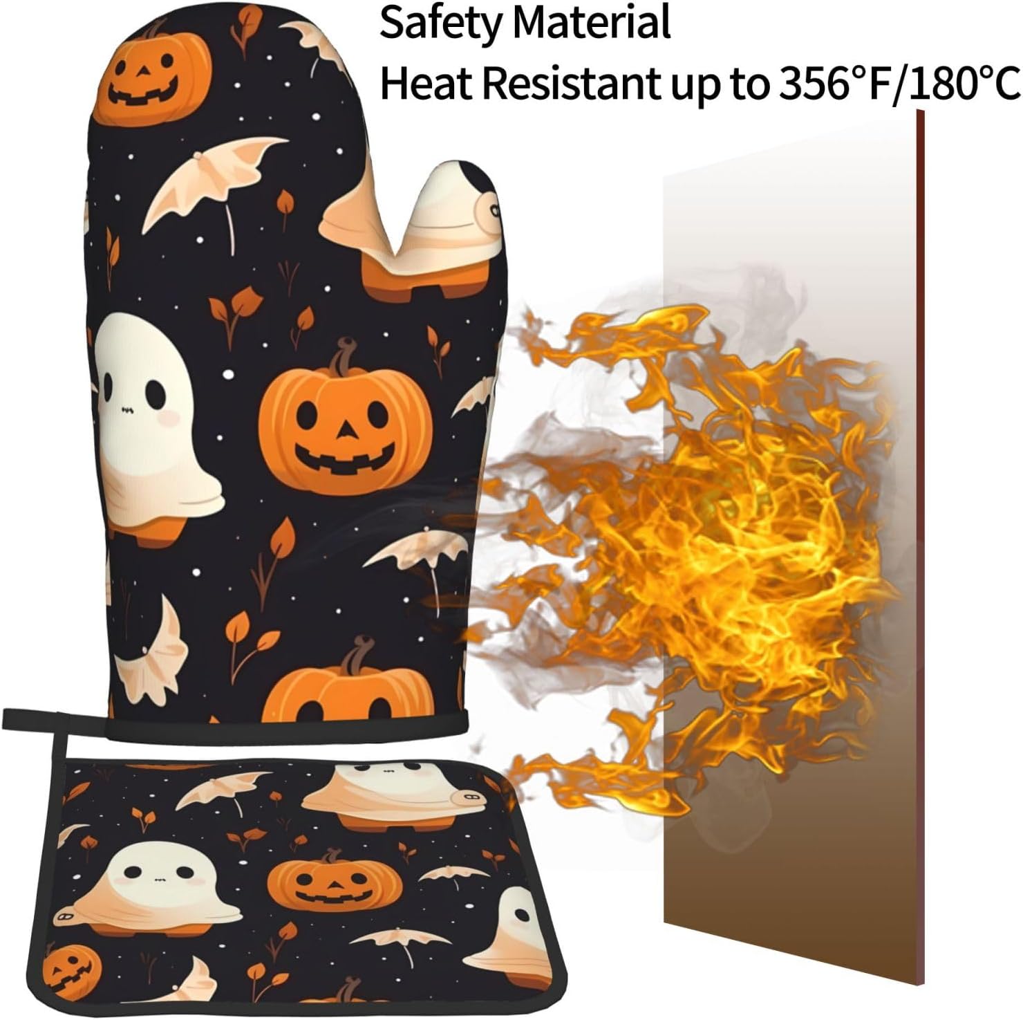 Premium Halloween Oven Mitts and Pot Holders Set for Baking BBQ