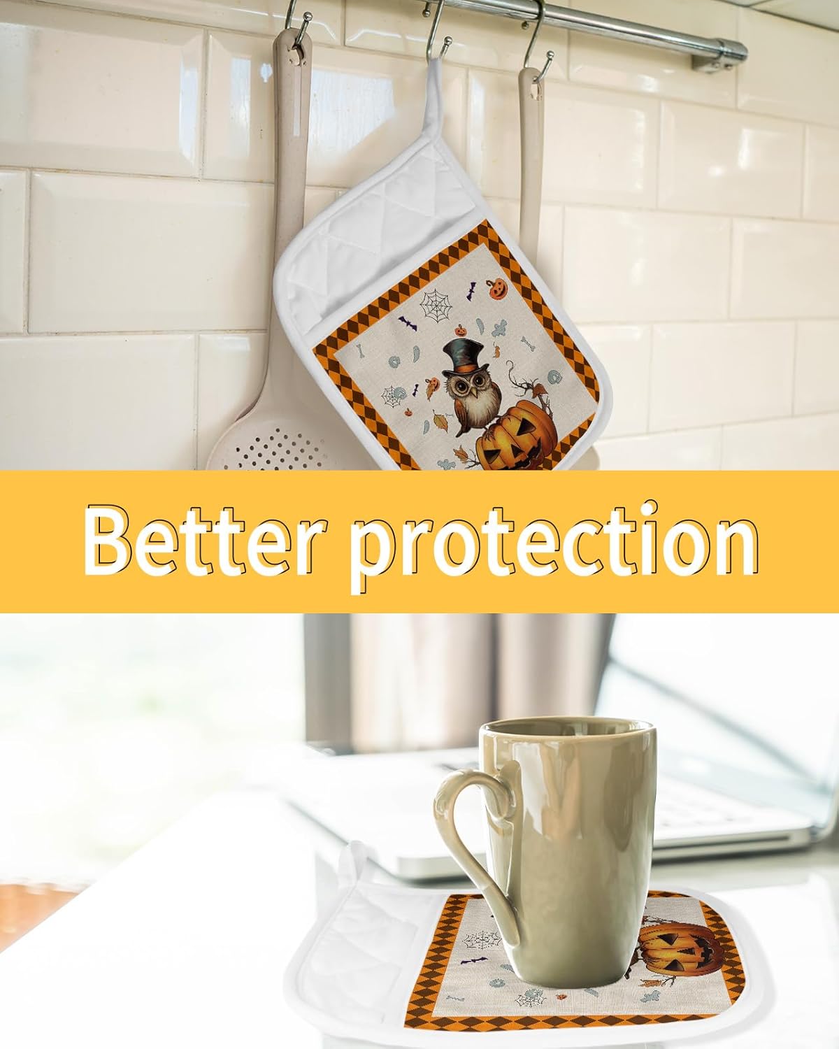 Gehucoxee Rustic Halloween Pot Holder Set - Non-Slip Kitchen Mitts 3-Pack