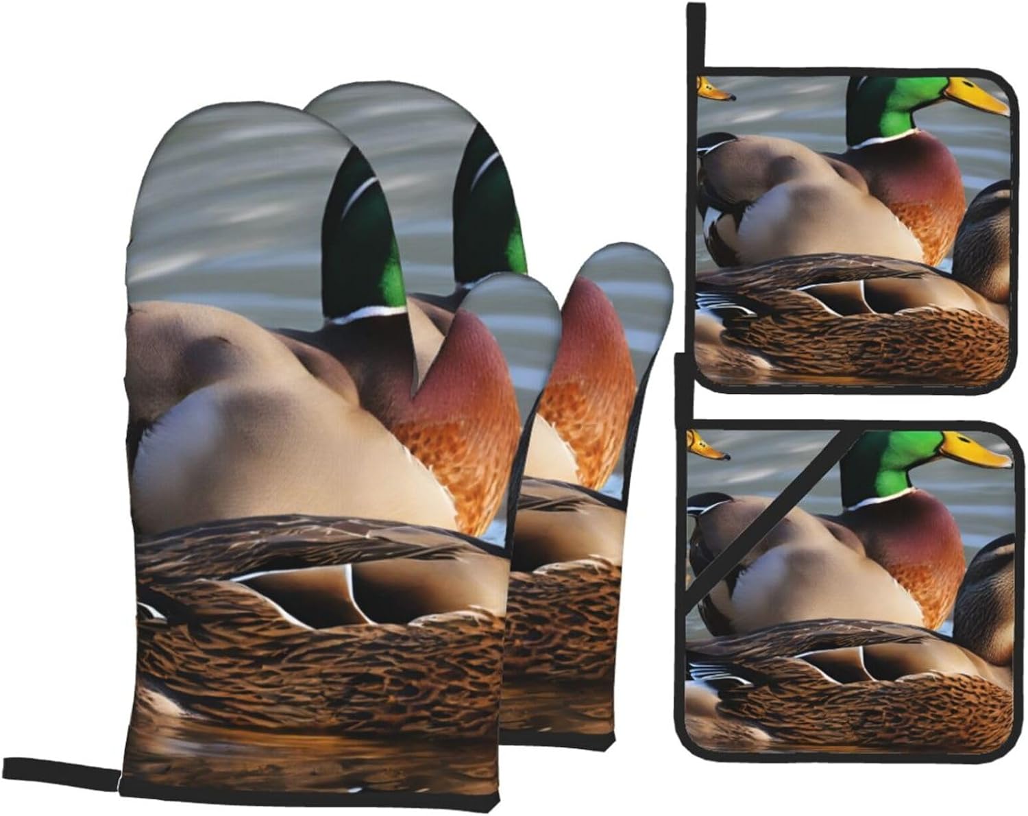 Mallard Duck Printed Oven Mitts and Pot Holders 4-Piece Set