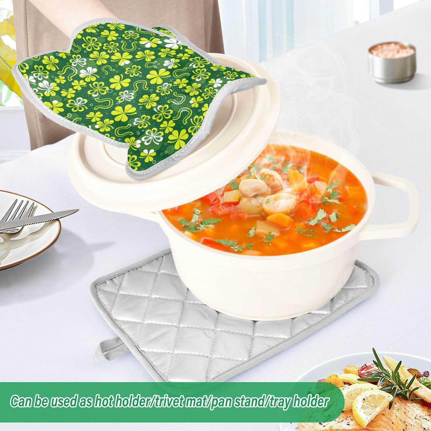 2Pack Green White Shamrock Potholders Heat Resistant