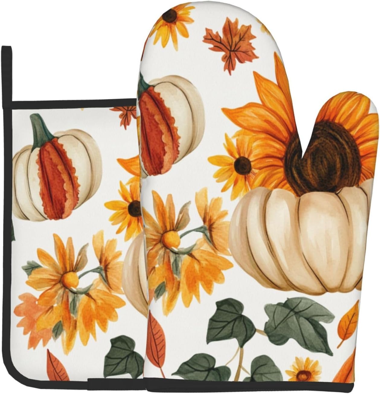 Gjieliness Halloween Oven Mitts Set with Pumpkins and Sunflowers Pattern