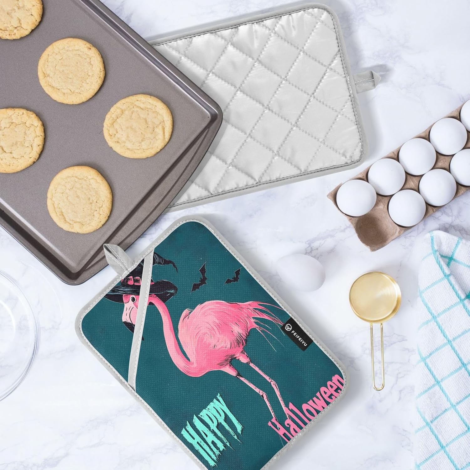 Halloween Flamingo Green Pot Holders