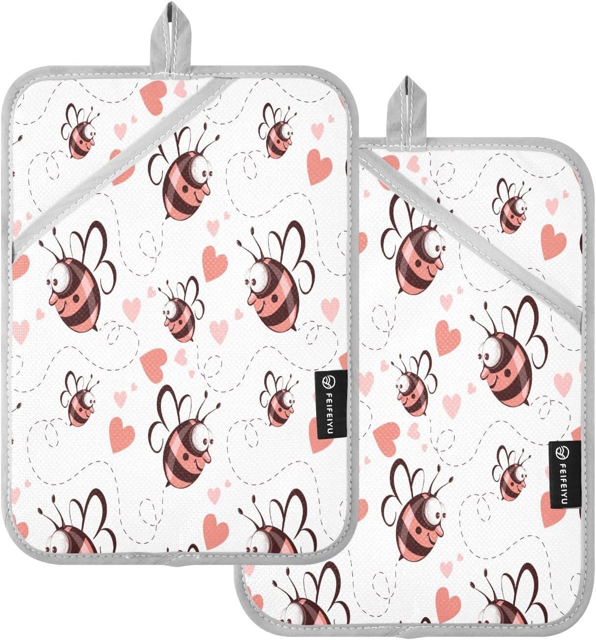 Cute Bee in Love Hearts Heat-Resistant Potholders 2-Pack
