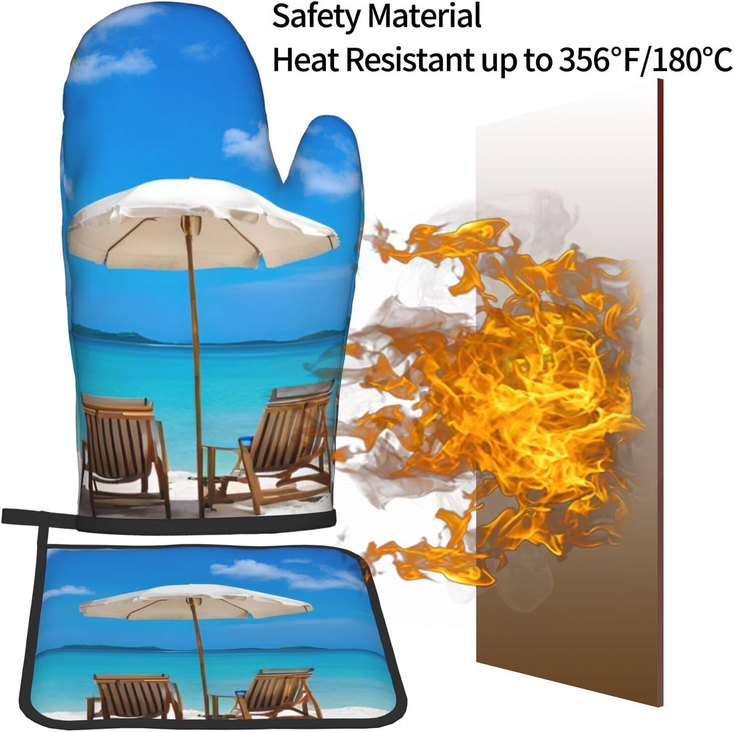 White Beach tropical ocean printed oven mitts and pot holders 2pc set