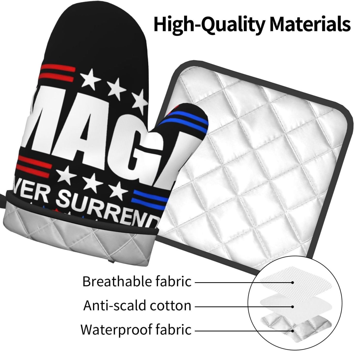 Mraefoa Trump 2024 MAGA Never Surrender Heat-Resistant Oven Mitts Pot Holders Set