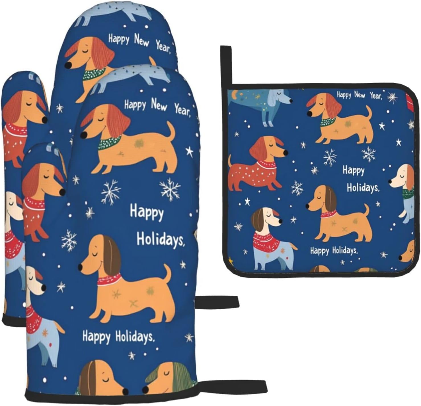 Dachshund Christmas Oven Mitts Potholders Set - Heat-Resistant and Non-Slip