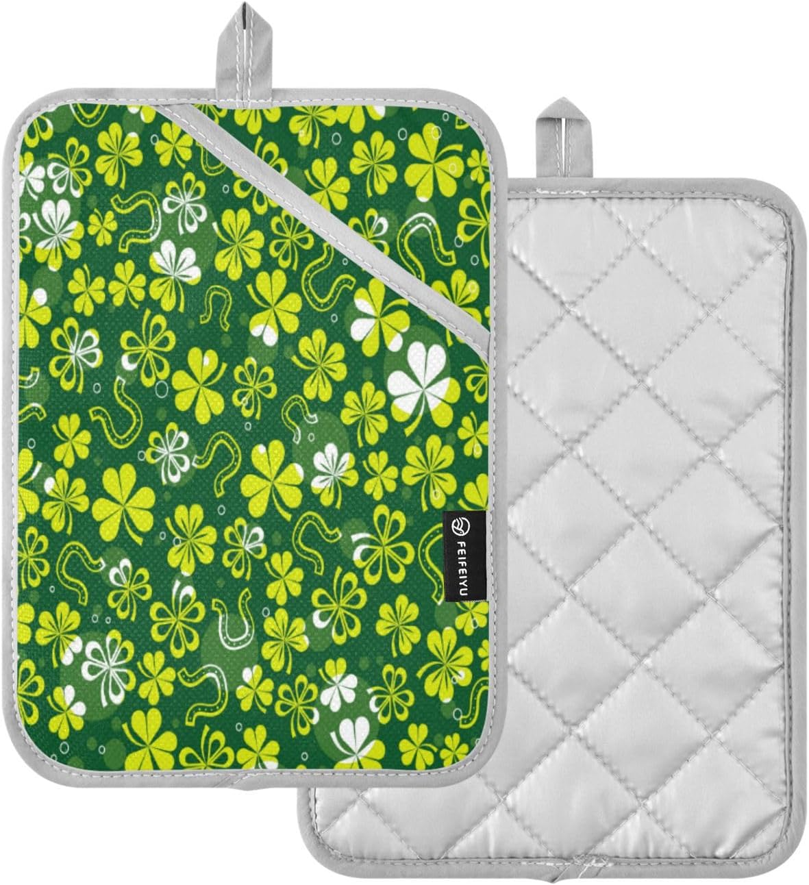 2Pack Green White Shamrock Potholders Heat Resistant