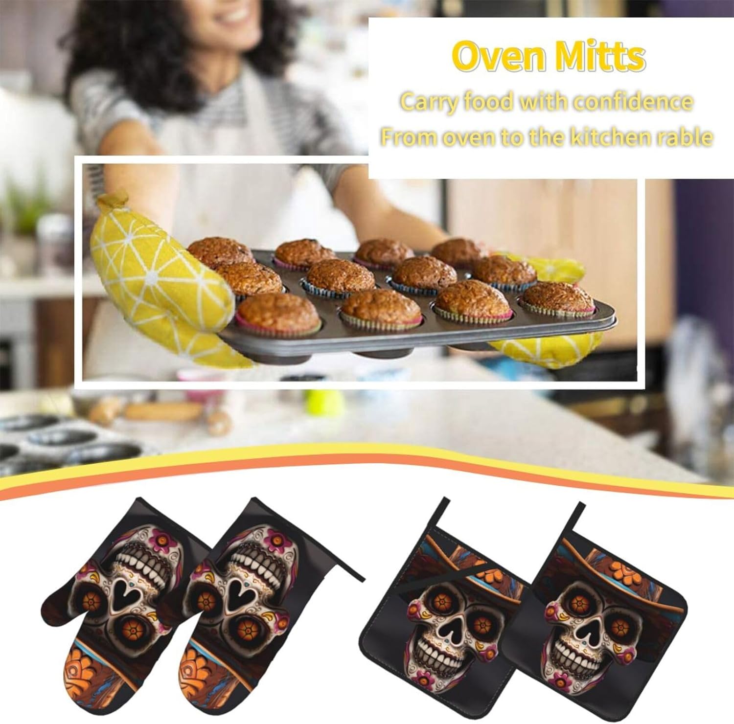 4-Piece Waterproof Oven Mitt Set Heat-Resistant Mexican Halloween Skull Prints