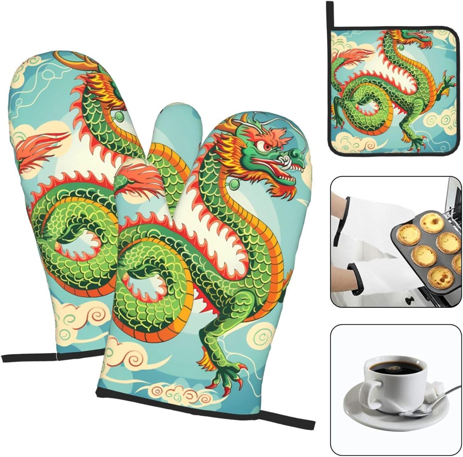 Sturdy Dragon-Themed Heat-Resistant Oven Mitts Set of 3
