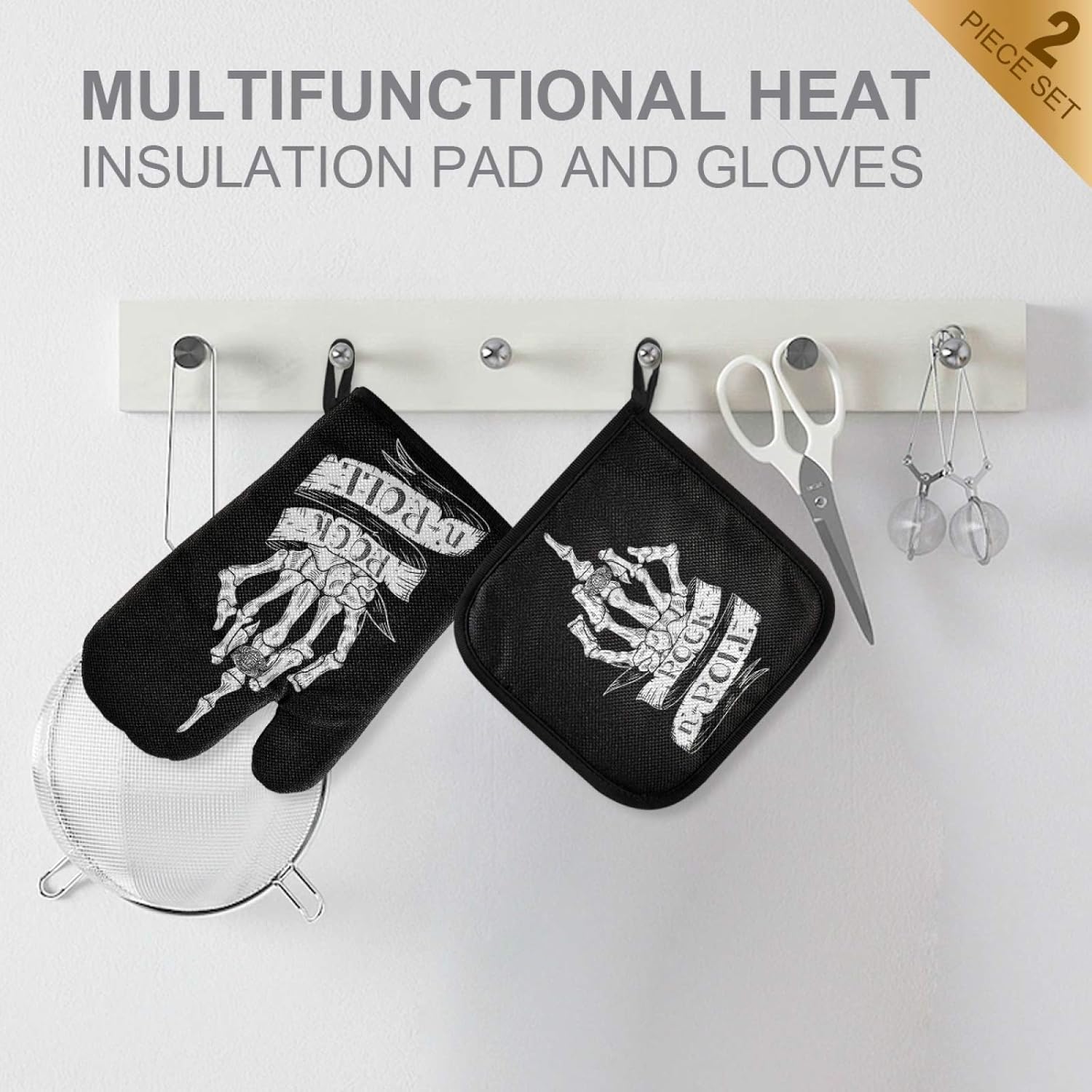 Skull Rock Roll Halloween Oven Mitts Set