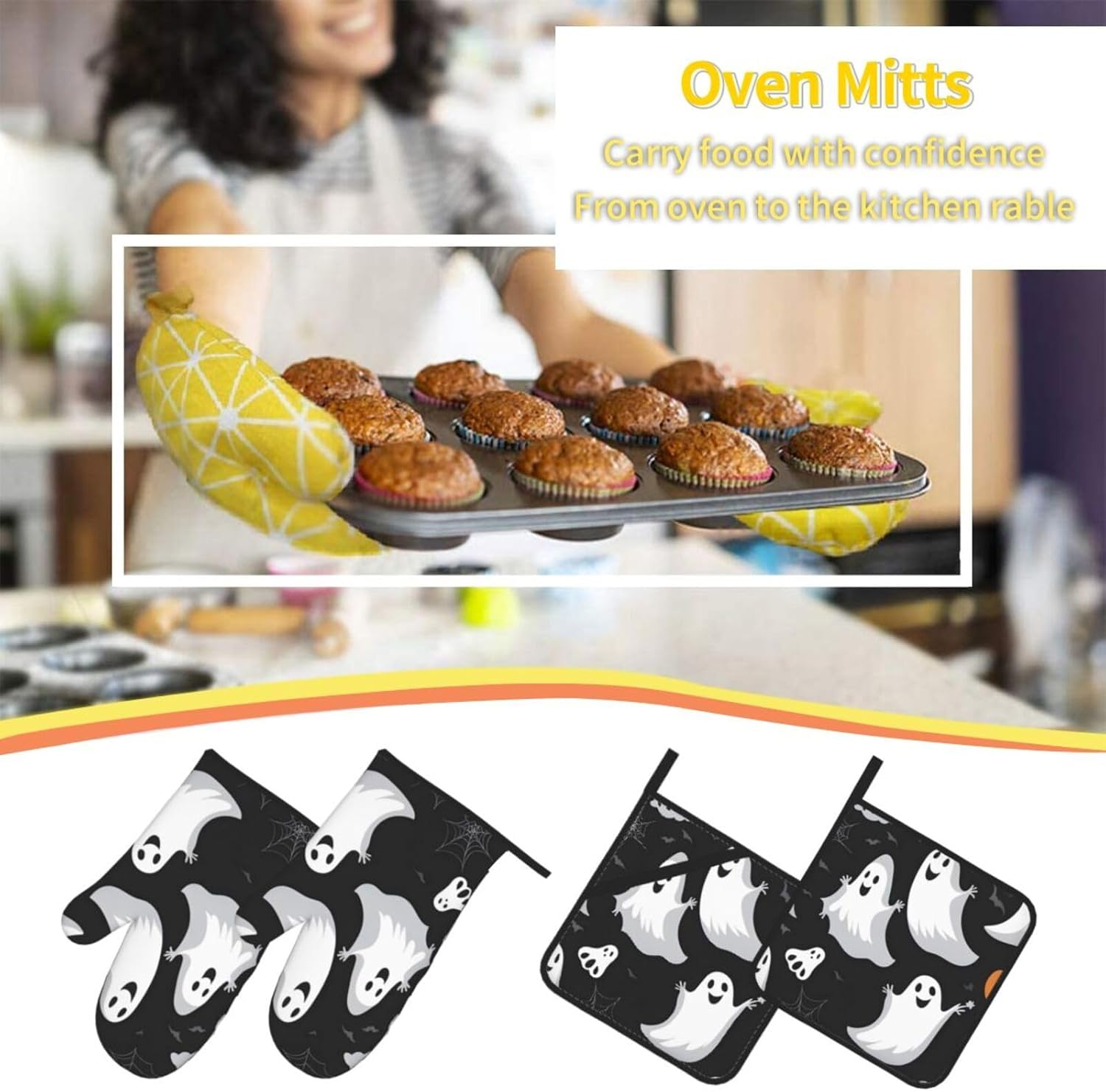Oven Mitts Set of 4 with Heat-Resistant Black and Halloween Ghost Prints