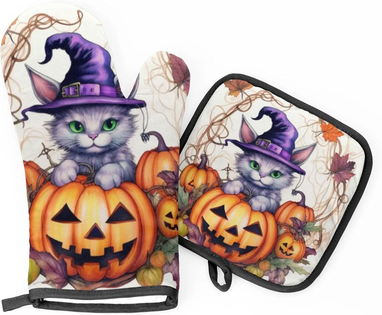 Aglebo Halloween Pumpkin Cats Oven Mitts Pot Holders Set of 2