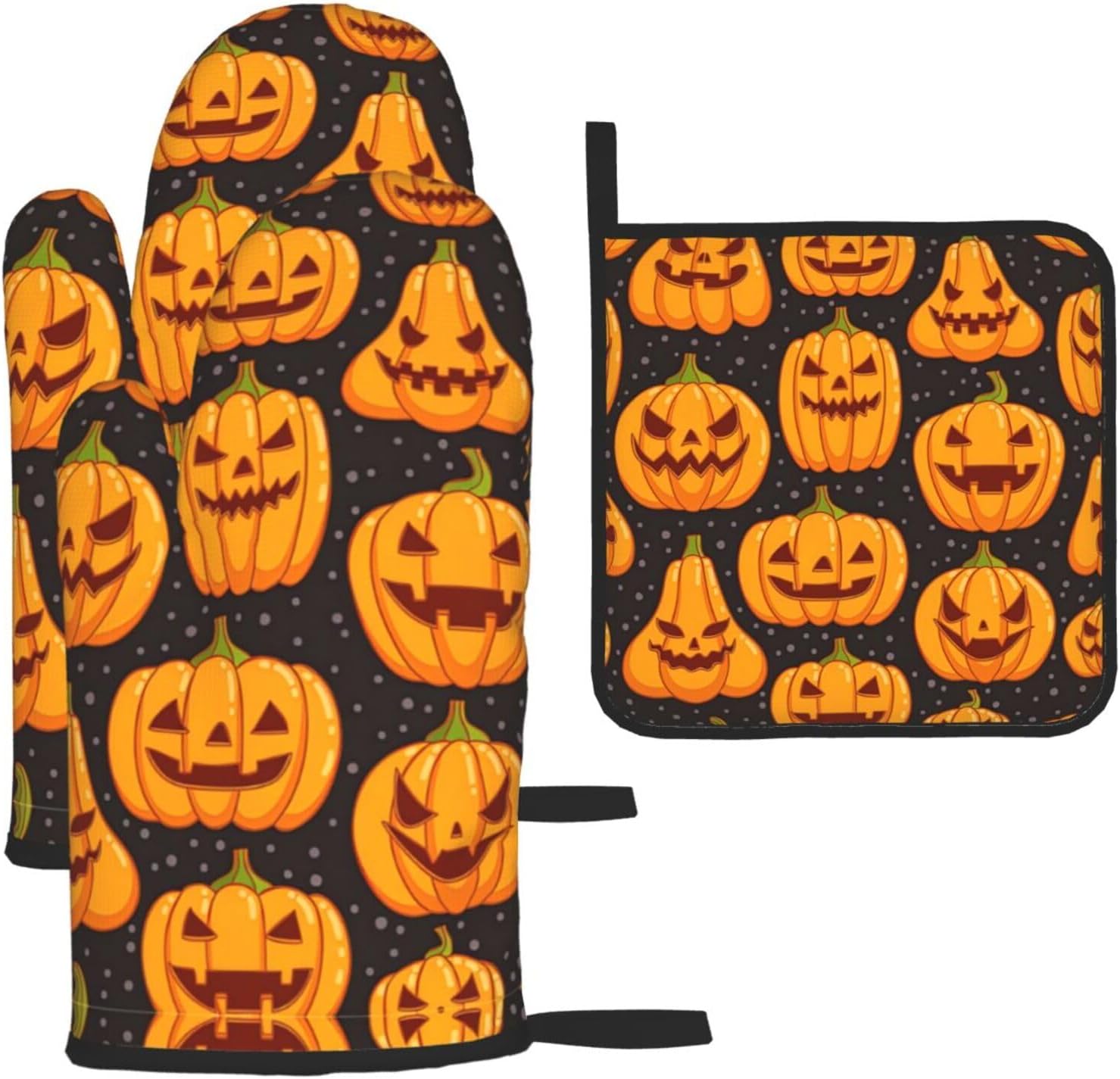 Halloween Pumpkin Patterns Oven Mitts and Pot Holders Heat-Resistant 3-Piece Set