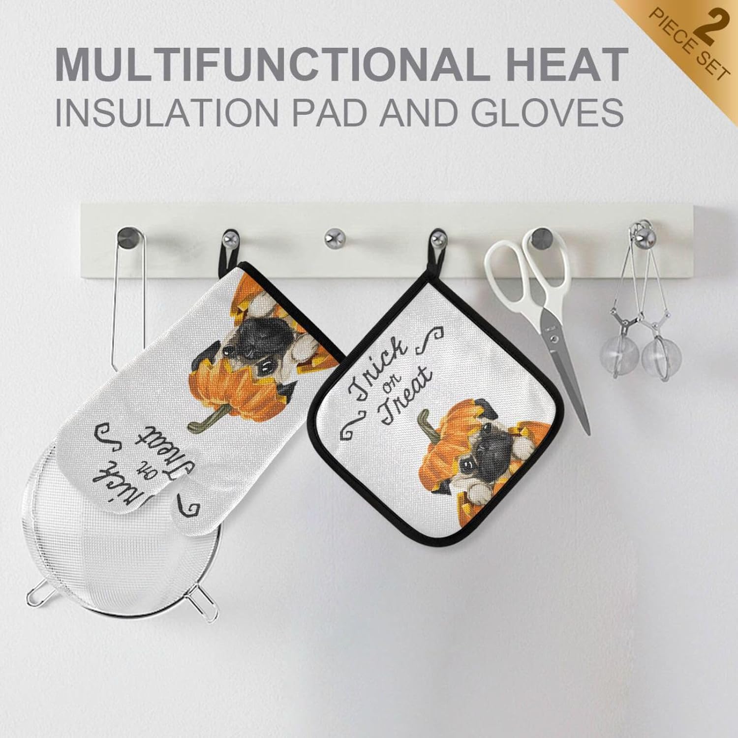 Halloween Pug Pumpkin Oven Mitts Set Heat-Resistant Trick or Treat Gloves