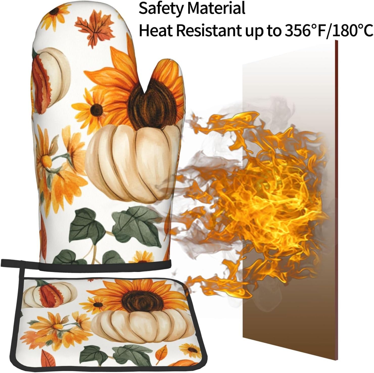 Gjieliness Halloween Oven Mitts Set with Pumpkins and Sunflowers Pattern