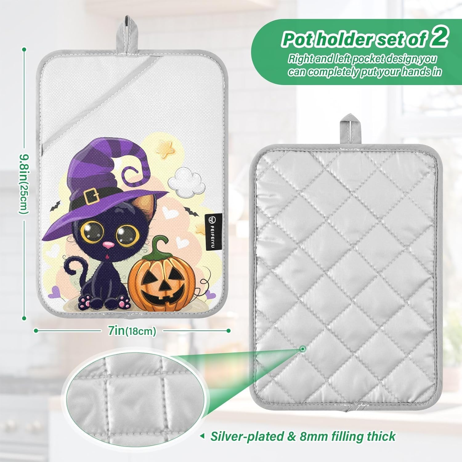 Halloween Cat Pumpkin Pot Holder Set Non-Slip Oven-Resistant