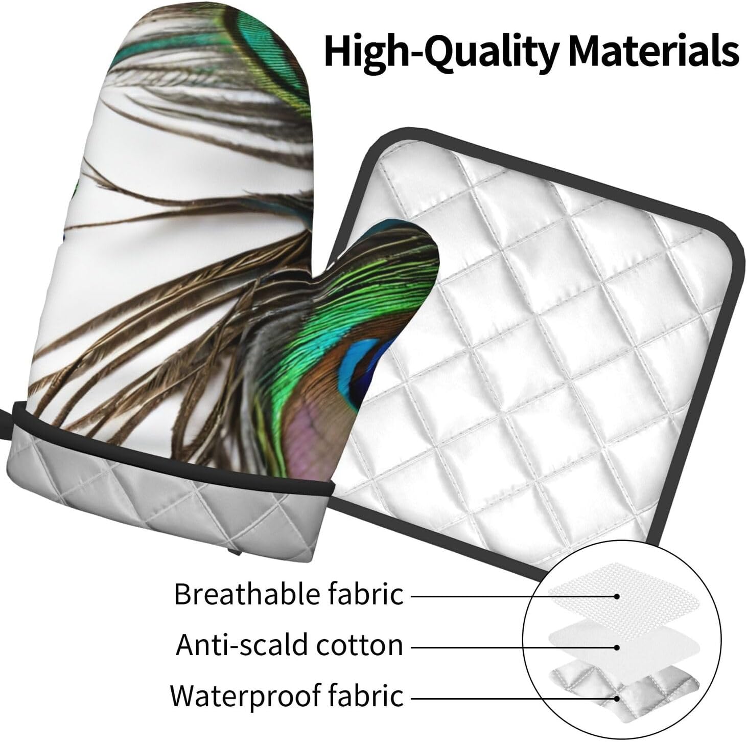 Peacock Feather Printed Oven Mitts and Potholders Set