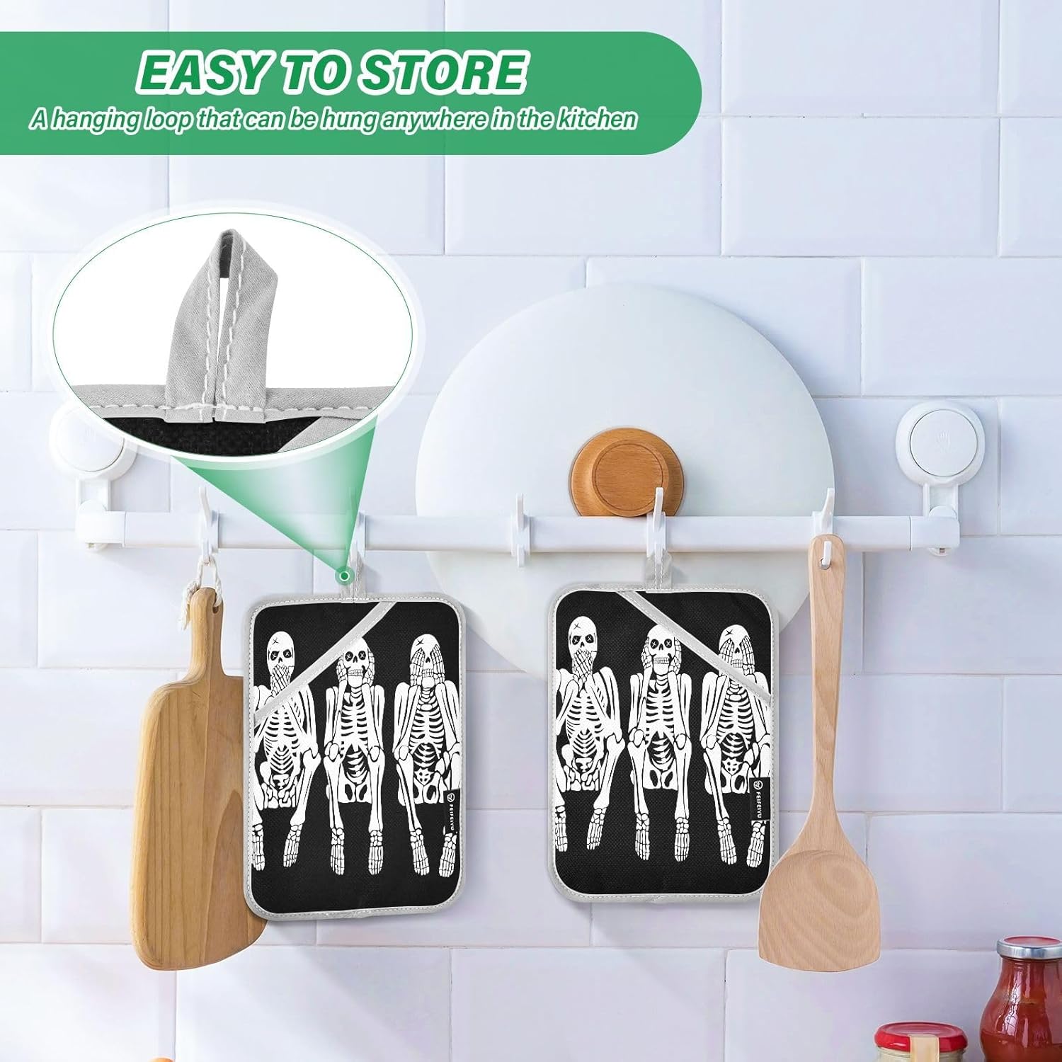 OurVii Funny Skeleton Kitchen Potholders - Halloween Heat Resistant Non-Slip 2-Pack